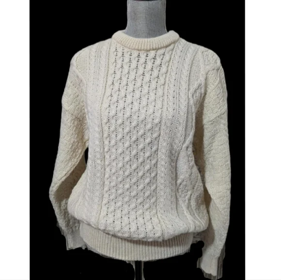 Traditional Irish AranCrafts Ireland Fisherman Cream Wool Sweater Medium-3